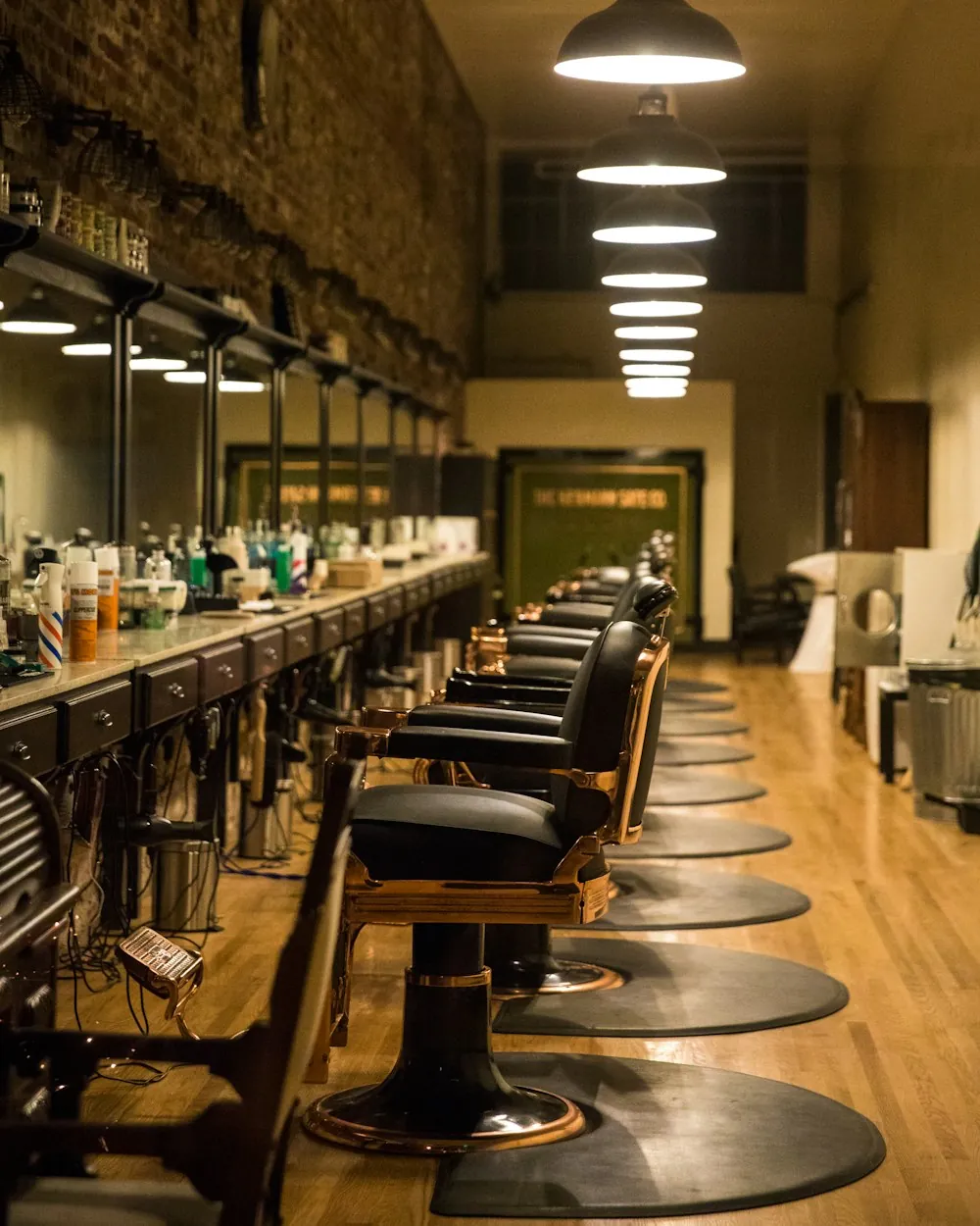 A classic barbershop interior with a row of chairs